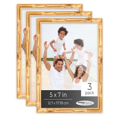 Poster Palooza Pack of 3 Gold Bamboo 5x7 Picture Frames | Solid Wood | UV-Resistant Acrylic | Easy Gallery Wall Setup