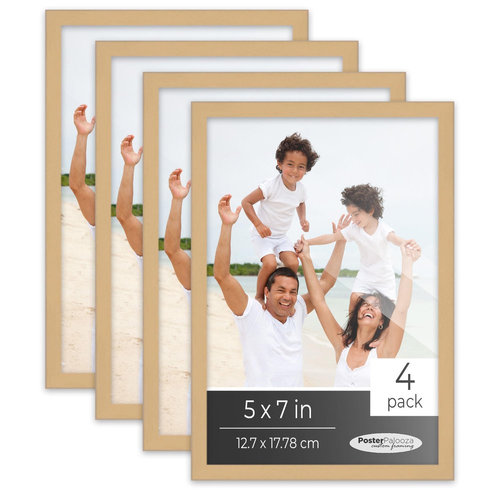 Poster Palooza Pack of 4 Natural 5x7 Picture Frames | Solid Wood | UV-Resistant Acrylic | Easy Gallery Wall Setup