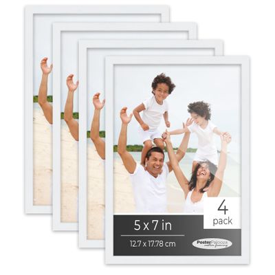 Poster Palooza Pack of 4 Matte White 5x7 Picture Frames | Solid Wood | UV-Resistant Acrylic | Easy Gallery Wall Setup