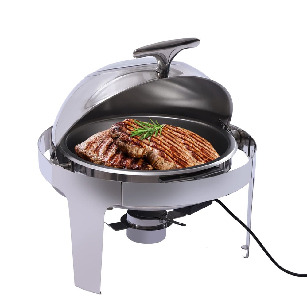 Round Roll Top Chafing Dish Buffet Set - 6L Stainless Steel Round Chafer Adjustable Temperature 55C-85C Food Warmer with 2 Pans, Fuel Holder for Weddng, Parties, Event, Banquet