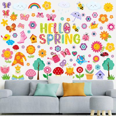 Patelai 75Pcs Spring Wall Stickers Hello Spring Flowers Butterfly Bees Birds Wall Decals for Spring School Home Office Accessories Party Supplies Gifts, 6 Sheets