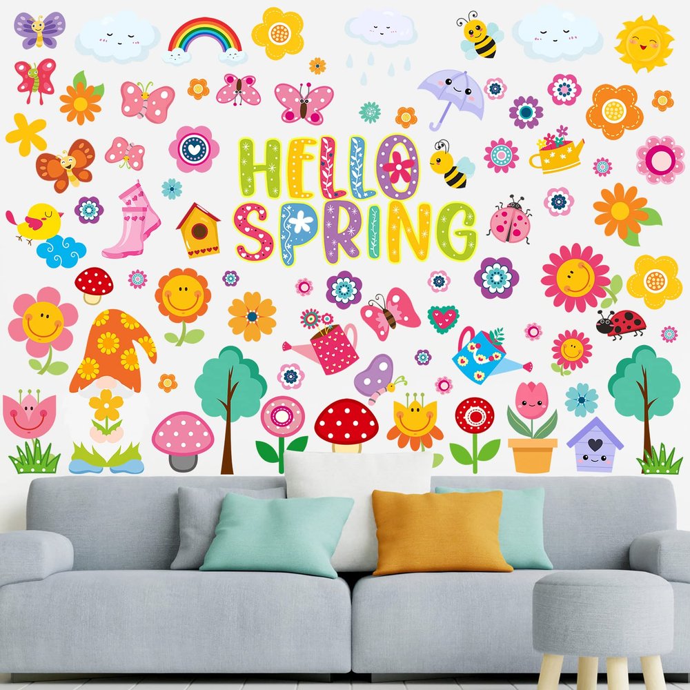 Patelai 75Pcs Spring Wall Stickers Hello Spring Flowers Butterfly Bees Birds Wall Decals for Spring School Home Office Accessories Party Supplies Gifts, 6 Sheets