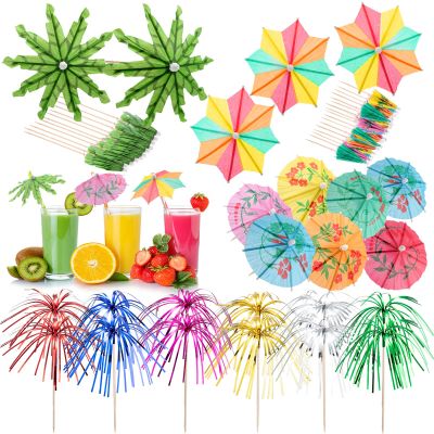 180 Pcs Drink Umbrellas Cocktail Picks Coconut Palm Cocktail Umbrellas Firework Beverages Stirrers Tropical Cocktail Sticks for Drinks Fruit Hawaiian Party Decorations Cocktail Accessories, 4 Styles