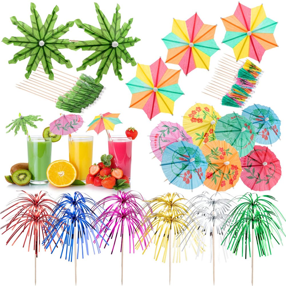 180 Pcs Drink Umbrellas Cocktail Picks Coconut Palm Cocktail Umbrellas Firework Beverages Stirrers Tropical Cocktail Sticks for Drinks Fruit Hawaiian Party Decorations Cocktail Accessories, 4 Styles