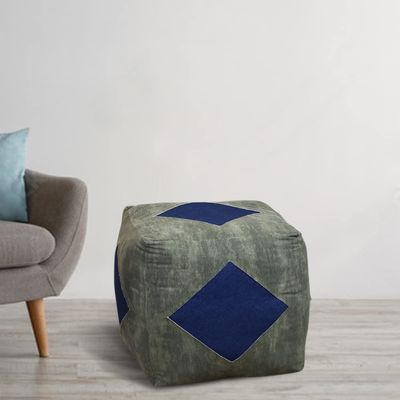 Vintage Handmade Canvas Square 17.72x17.72x17.72 Pouf in Green & Blue Color