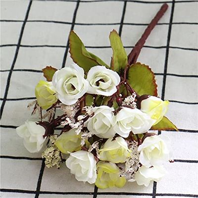 HXSCOO 15 Heads/Bouquet Small Bud Roses Bract Silk Artificial Flower DIY Wedding Home Christmas Decor Floral Gifts Photo Props (Color : D White)