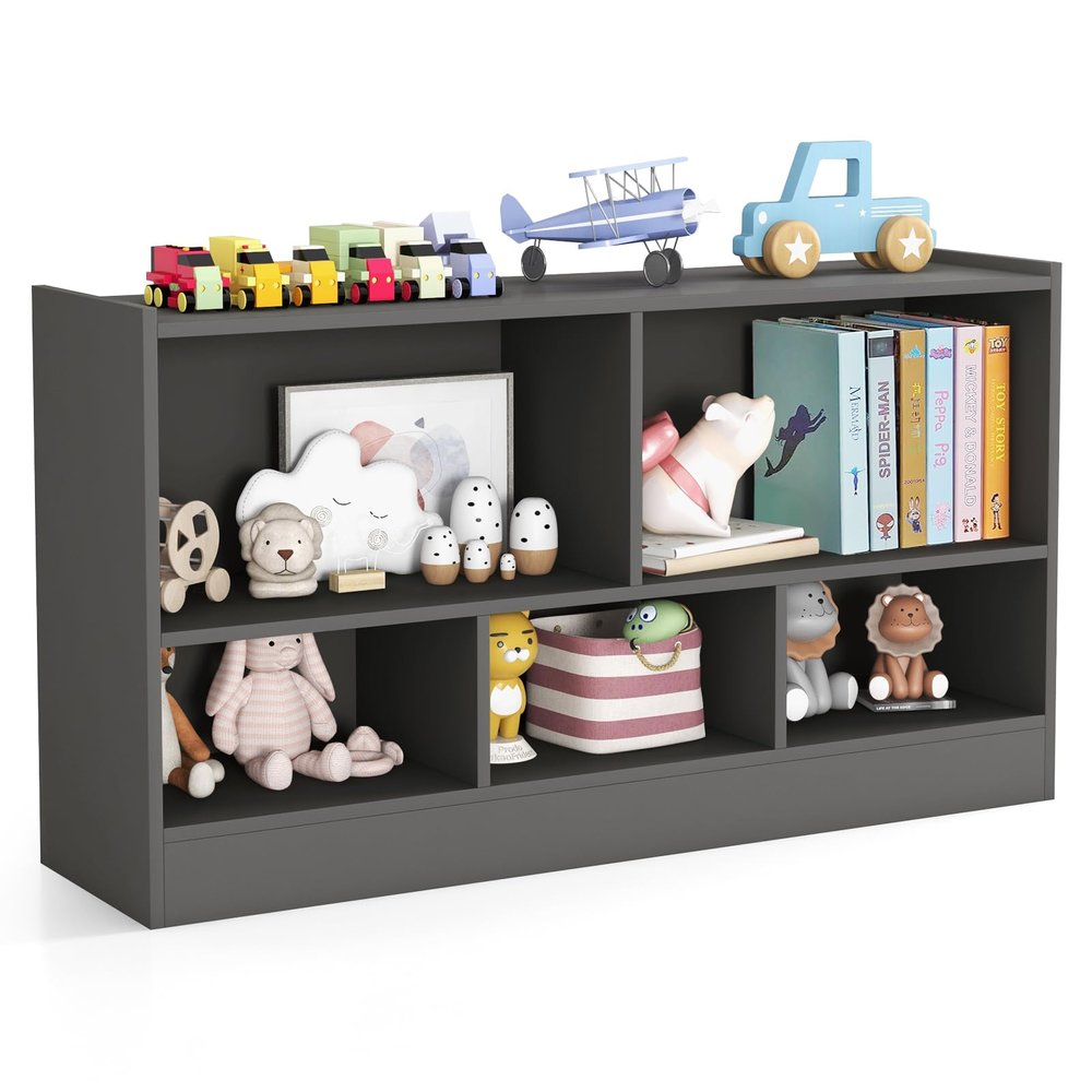 KOTEK Toy Storage Organizer, 5 Cubby Kids Bookshelf, Wooden 3-Tier Bookcase Storage Cabinet, Open Display Book Shelf for Daycare, Nursery, School Classroom, Playroom & Living Room (Grey, 5 Cubes)