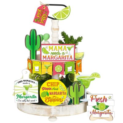 FairySandy 15 Pcs Cinco De Mayo Tiered Tray Decor Wooden Fiesta Decorations Mexican Table Decor Farmhouse Cinco De Mayo Decor Tray Decor Lemon Cocktail Wood Signs Decorative for Home Party
