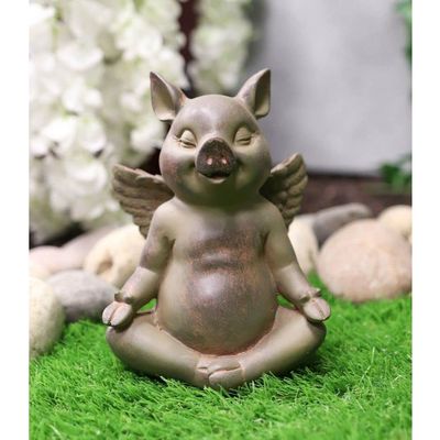 1 Pcs Zen Yoga Flying Pig Angel Hog Heavens Meditating In Lotus Pose Rustic Statue