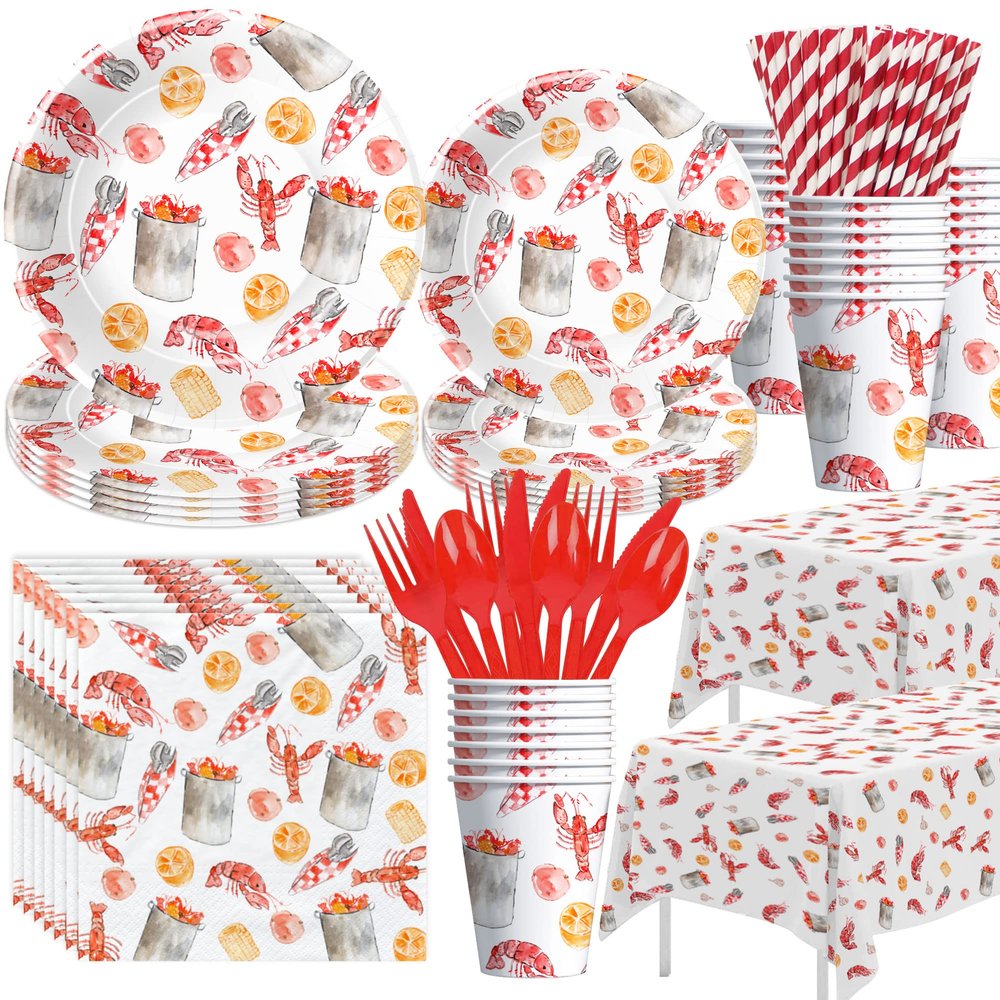 APOWBLS Crawfish Boil Party Supplies - Lobster Decorations Tableware, Plate, Cup, Napkin, Tablecloth, Cutlery - Crayfish Crab Seafood Shrimp Theme Party Supplies for Birthday | Serve 24