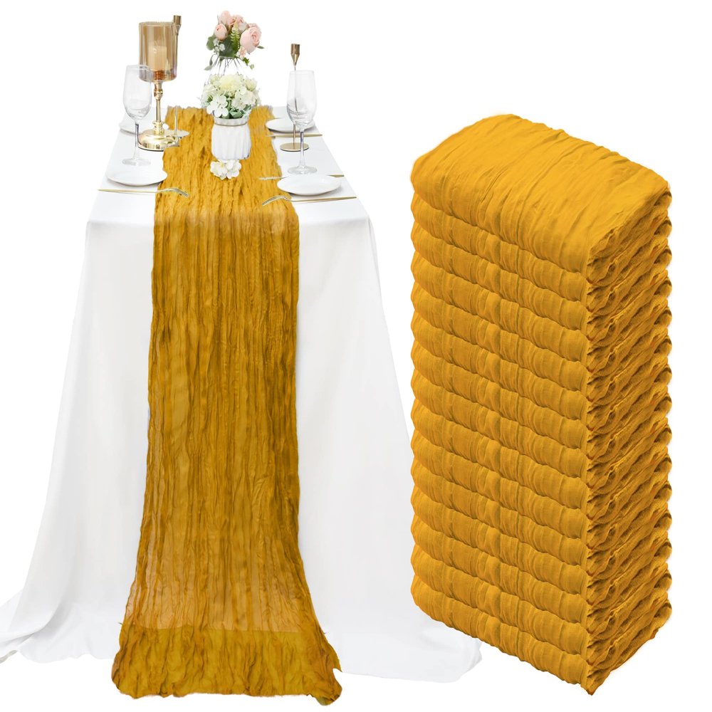 15 Pack Cheesecloth Table Runner 10Ft Romantic Cheese Cloth Table Runner 35 x120 Inch Rustic Gauze Boho Table Runners for Wedding Birthday Party Baby Bridal Shower Gender Reveal Table Decor(Mustard)