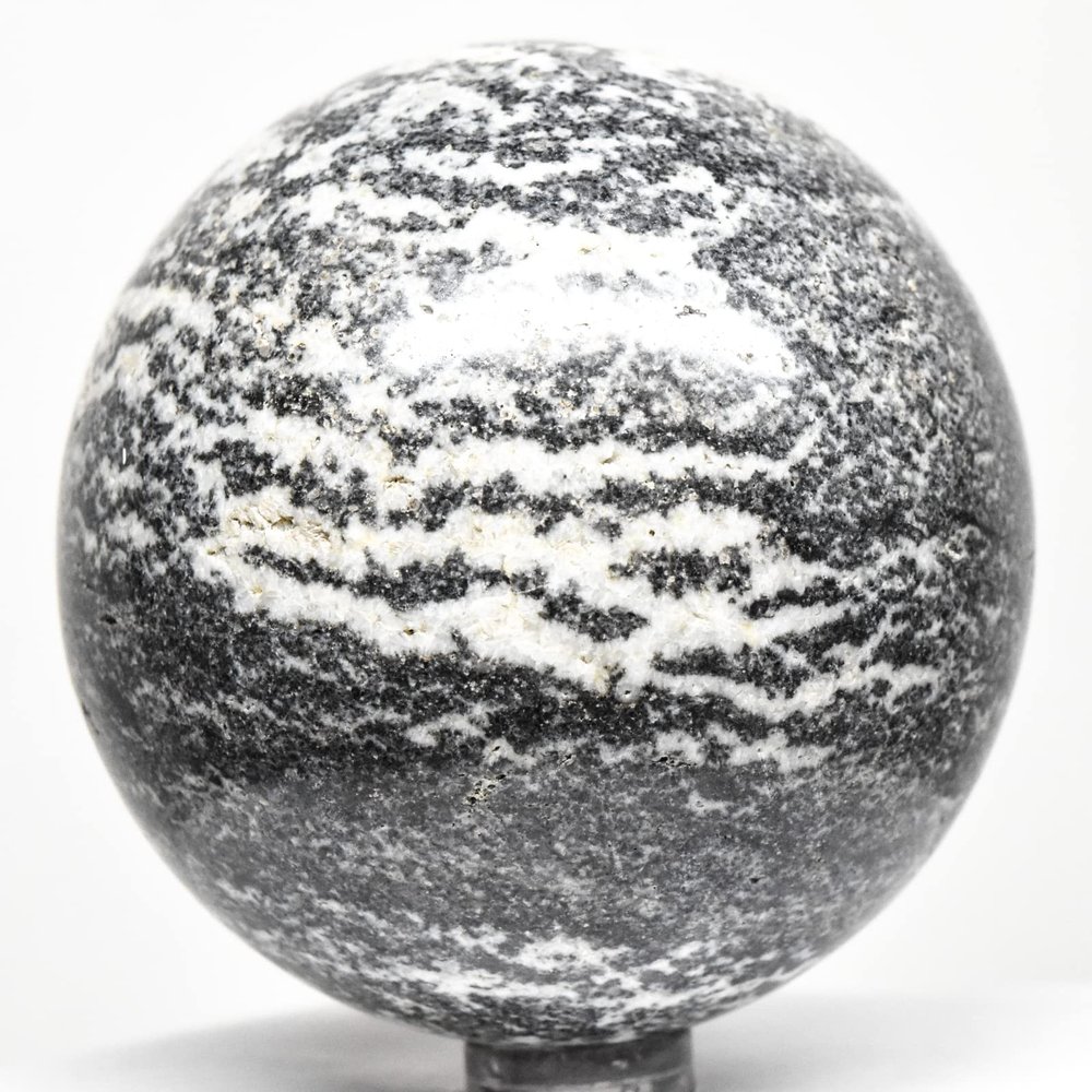 2.6" 450g Striped Black White Onyx w/Calcite Sphere Polished Natural Gemstone Crystal Mineral Collectible Ball - Peru + Stand