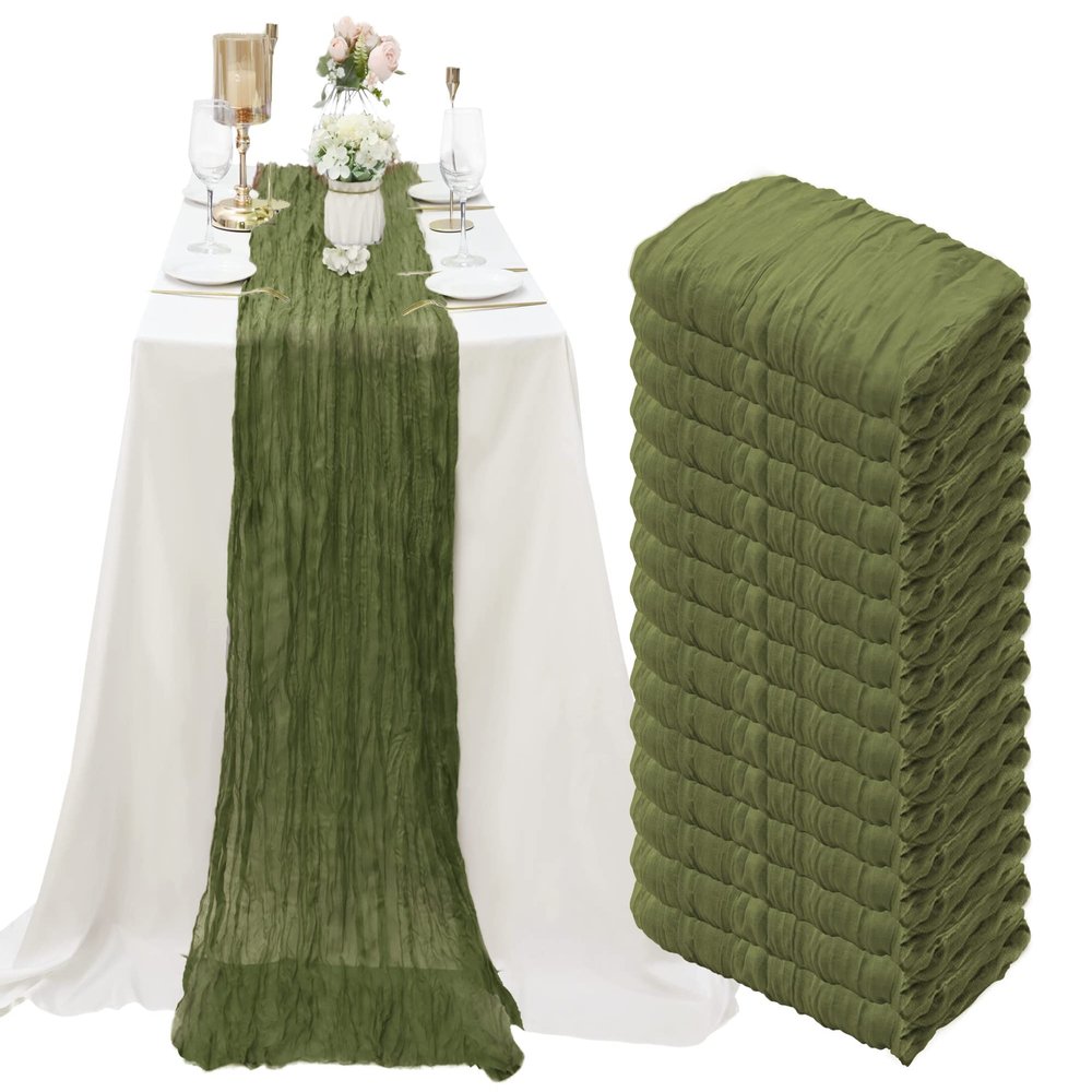 15 Pack Cheesecloth Table Runner Grass Green 10Ft Gauze Cheese Cloth Table Runner 35x120 Inch Boho Table Runners for Wedding Birthday Party Engagement Bridal Baby Shower Anniversary Christmas Decor