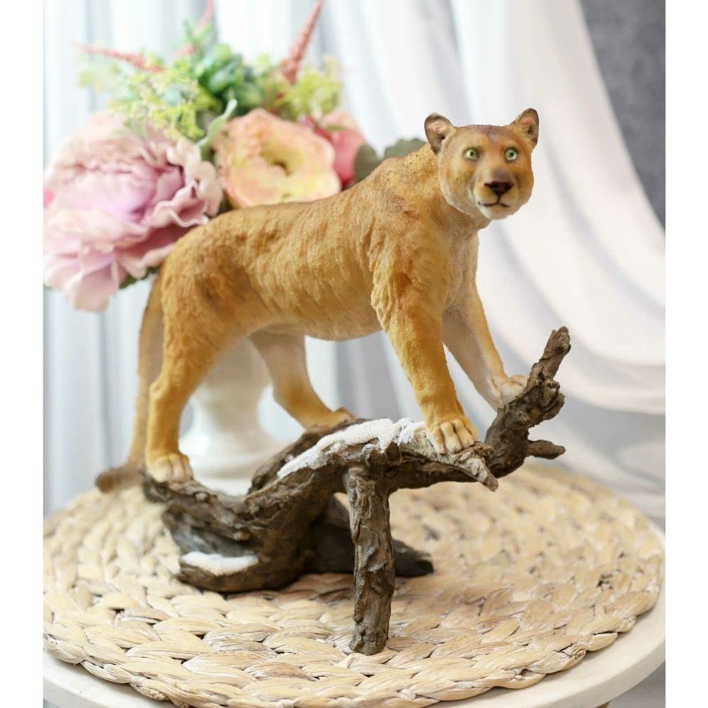 1 Pcs Mountain Lion Cougar Standing On Snow Capped Weathered Log Statue Wildlife Decor