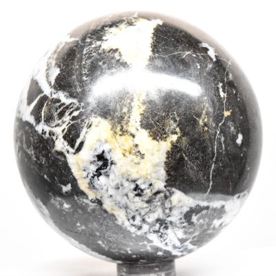 2.6" 515g Black White Onyx w/Calcite (Quartz?) Sphere Polished Natural Sparkling Gemstone Crystal Mineral Dcor Ball - Peru + Stand