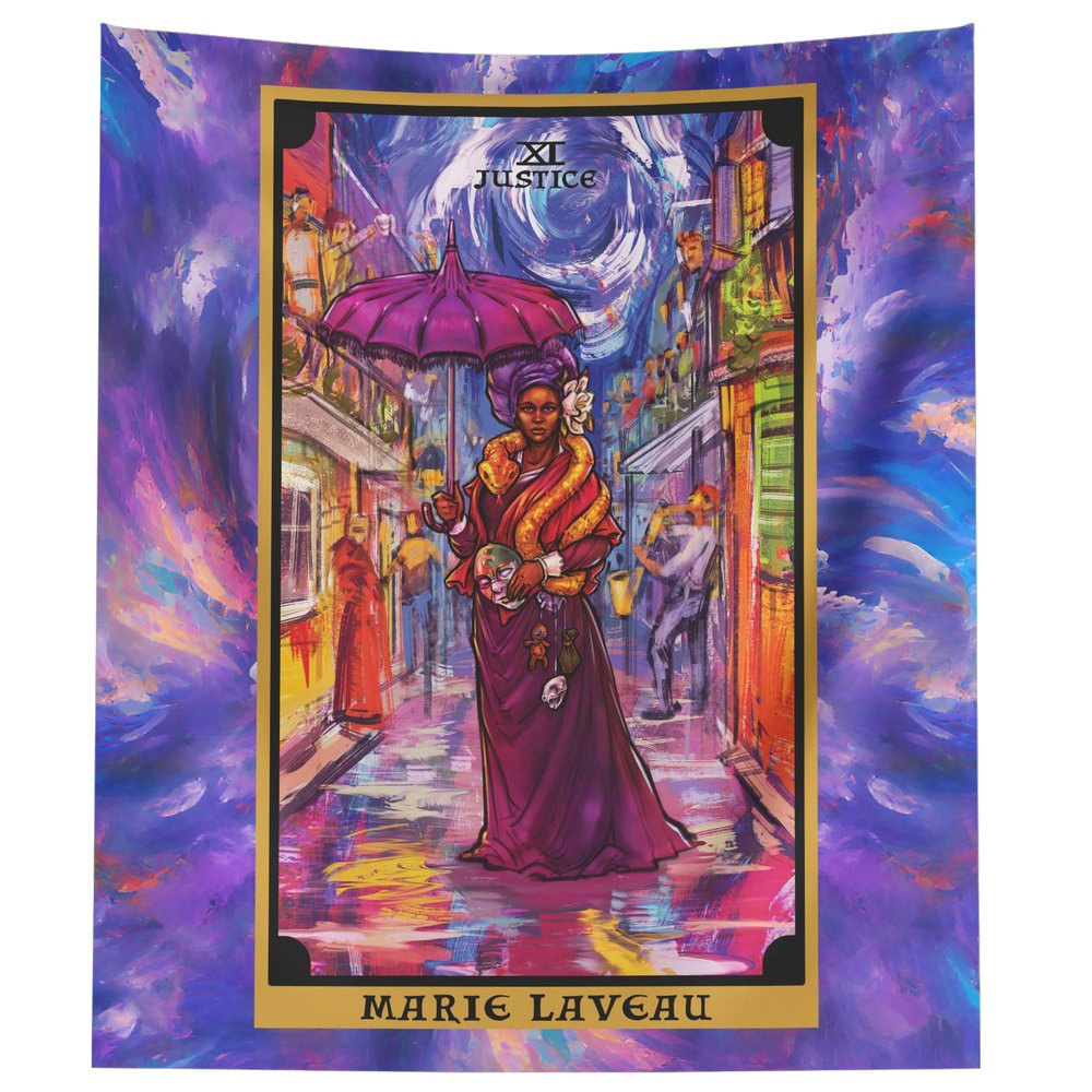 The Ghoulish Garb Marie Laveau Justice Tarot Card Tapestry - New Orleans Voodoo Queen Mardi Gras Witchcraft Pagan Witch Wall Hanging Home Decor (60" x 50")