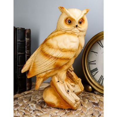 1 Pcs Rustic Rainforest Great Horned Owl Decorative Faux Wood Figurine 8.25" H