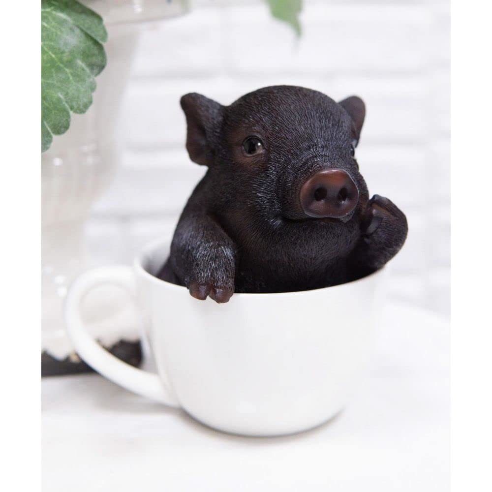 1 Pcs Rustic Lifelike Black Pig Piggy In Tea Cup Figurine