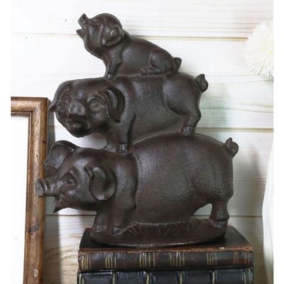 1 Pcs Of 9" H Cast Iron Rustic Farmhouse Stacked 3 Little Pigs Decorative Figurine