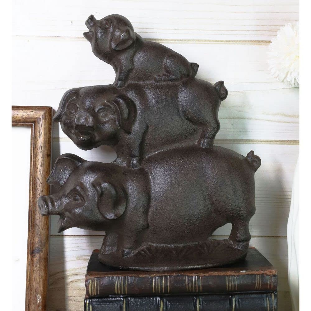 1 Pcs Of 9" H Cast Iron Rustic Farmhouse Stacked 3 Little Pigs Decorative Figurine