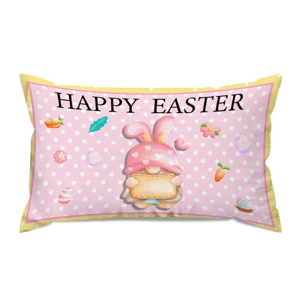 Cute Happy Easter Gnome Pink Yellow with White Polka Dots Lumbar Pillow Covers Farmhouse 12x20 Canvas Easter Bunny Cushion Covers Rectangle Pillow Covers Outdoor for Couch Home Decor