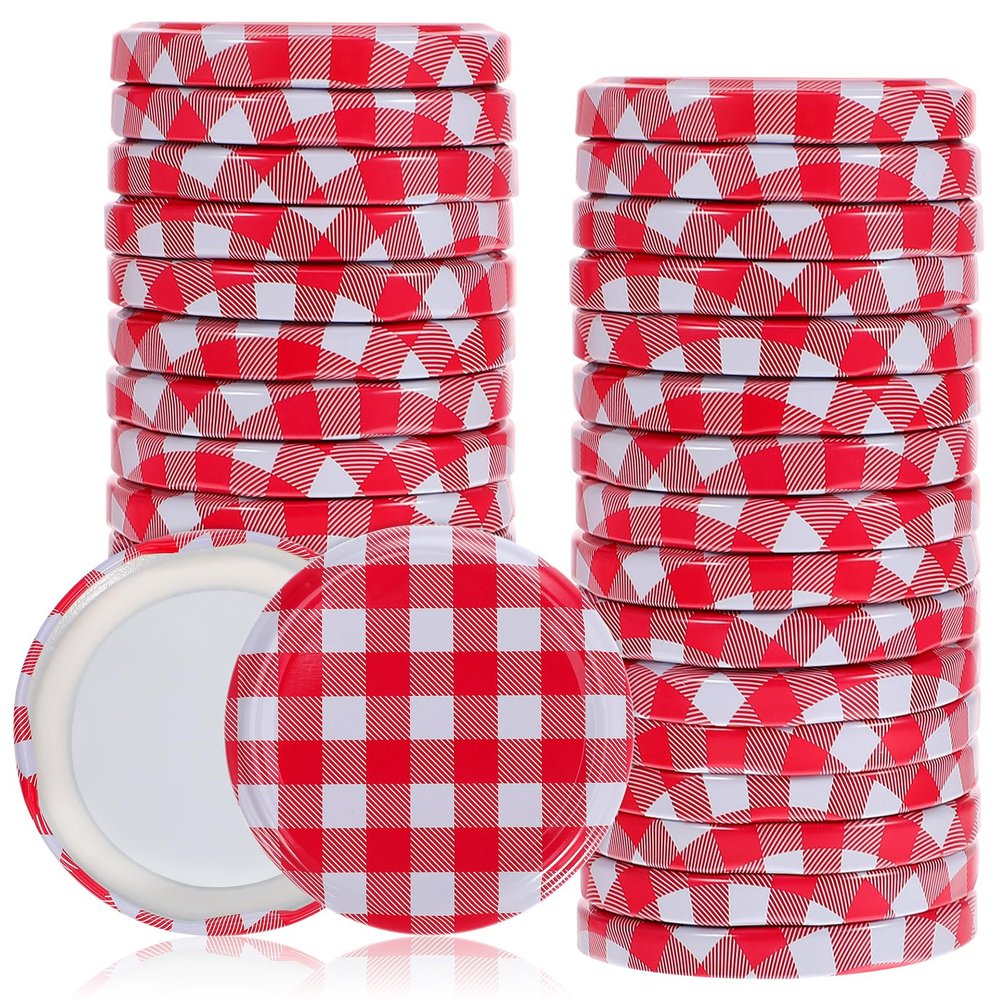 Kichvoe Mason Jar Lids 2.55 Inch Checked Screw Caps for Canning Jars 40 Pieces Airtight Leak-Proof Bottle Cap Accessories for Home Kitchen Jam Jelly Storage