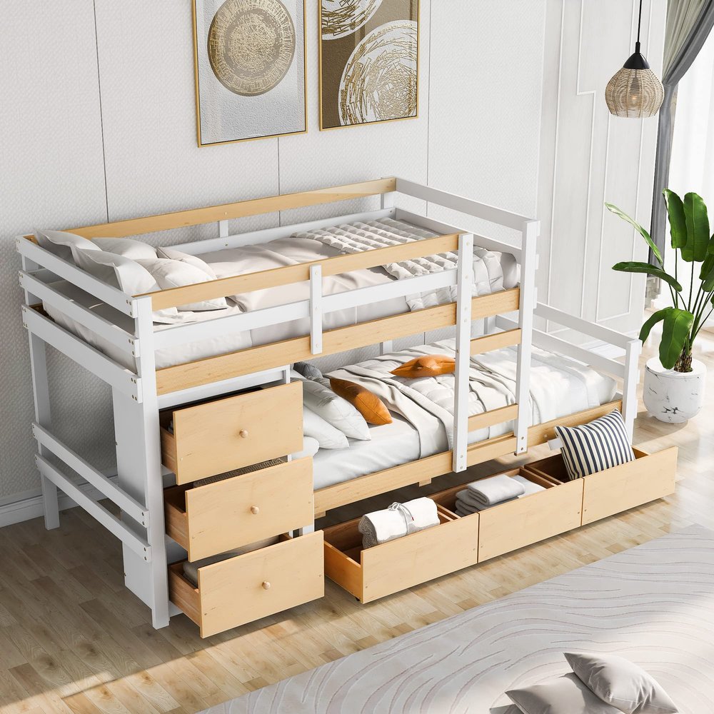 Hlcodca Elegant Loft Bunk Bed with 6 Storage Drawers,Wooden Twin Over Twin Bunk Bed with Built-in Ladder and Guardrails,for Kids Boys Girls Teens Adults Bedroom (Natural#O)