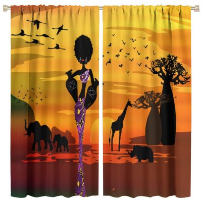 African Forest Window CurtainsAfrican Curly Hair Women Dress Traditional Angara Clothing, Grassland Sunset Landscape Blackout Curtains for Living Room BedroomElephant and Giraffe 42x45 Inch