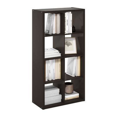 Furinno CUBICLE Book Shelf, 8-Cube Bookshelf, Extra Thick Frame Horizontally & Vertically Reversible Bookcase with Open Back, 14.6" x 30" x 58", for Living Room, Bedroom, Home Office, Black Dark Oak