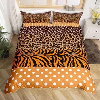 Leopard Zebra Giraffe Skin Kids Duvet Cover Set King Size,Abstract Animals Fur Bedding Set,Girls Boys Adults Room Decor,Polka Dot Patchwork Comforter Cover,Brown Rustic Quilt Cover,2 Pillowcases