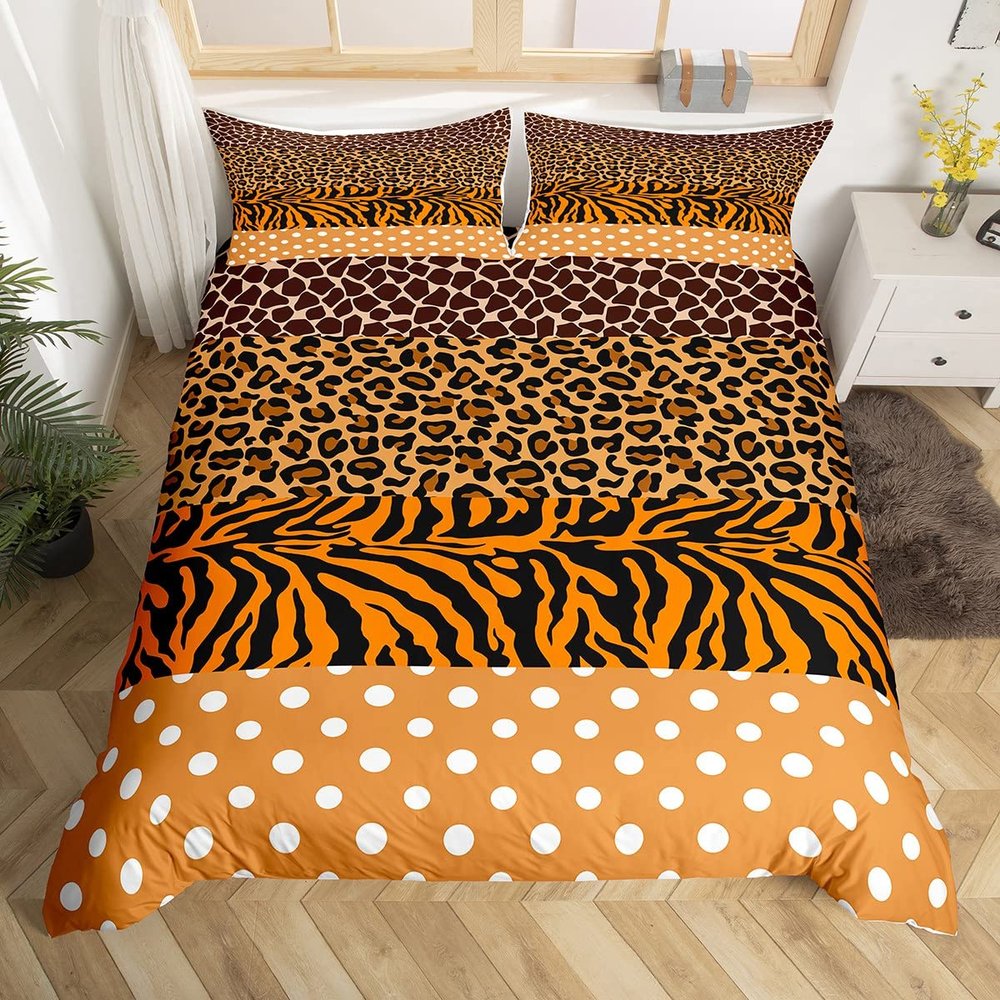 Leopard Zebra Giraffe Skin Kids Duvet Cover Set King Size,Abstract Animals Fur Bedding Set,Girls Boys Adults Room Decor,Polka Dot Patchwork Comforter Cover,Brown Rustic Quilt Cover,2 Pillowcases