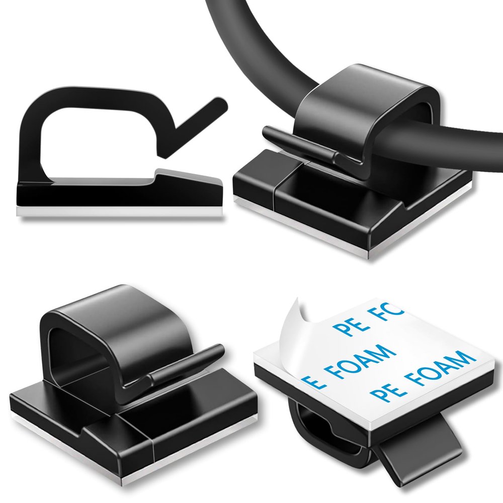 100 Pcs Cable Clips, Adhesive Cable Organizer Cord Holder Wire Clip Wire Management Self Adhesive Hooks Wire Holder for Office, Home (Black)