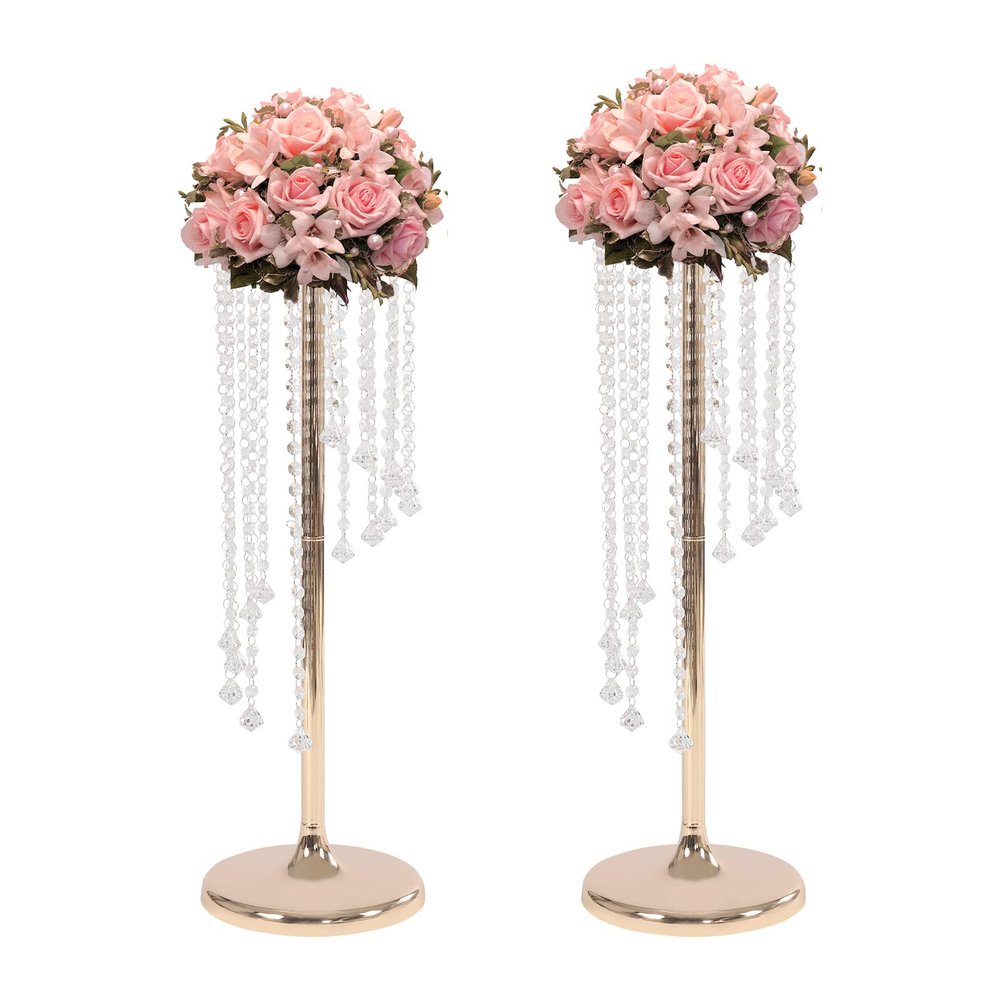 Wedding Centerpieces Gold Flower Vase - 2 Pcs 27.5 inch Tall Crystal Flower Stand Metal Vase for Table Decoration, Elegant Wedding Decoration Chandelier Centerpiece Stand