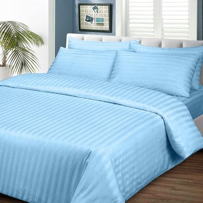 400 Thread Count 3 Piece Duvet, Quilt, Comforter Cover Set, 100% Egyptian Cotton All Season Comforter Cover with Zipper Closure, Ultra Soft & Breatheable - Light Blue Stripe, Super King.