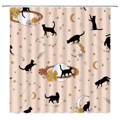 ABONAN Retro 70s Shower Curtain Black Cat Kitten Vintage Boho Flower Modern Abstract Mystic Galaxy Star Hippie Fabric Bathroom Curtains Decor Set with Hook(180" Wx70 H)