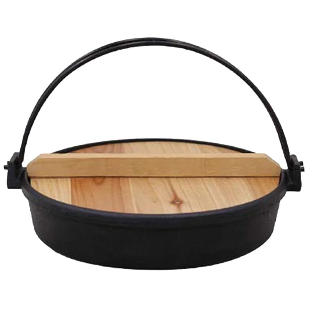 Japanese Style Cast Iron Sukiyaki Nabe Pot Set Single Serving Hot Pot Pan with Wooden Lid for BBQ Picnic Camping-7.8Inch