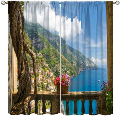 Country Town Landscape Curtains,Blue Sea Lake Mountain Range Nature Landscape Print Bedroom Living Room Window Curtains 42x45 Inch