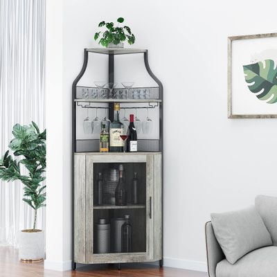 Alkmaar Corner Wine Cabinets, Bar Cabinets with Glass Shelves, Sideboards and Buffet Cabinets with Shelves, with Anti-Tipping Device (Grey)