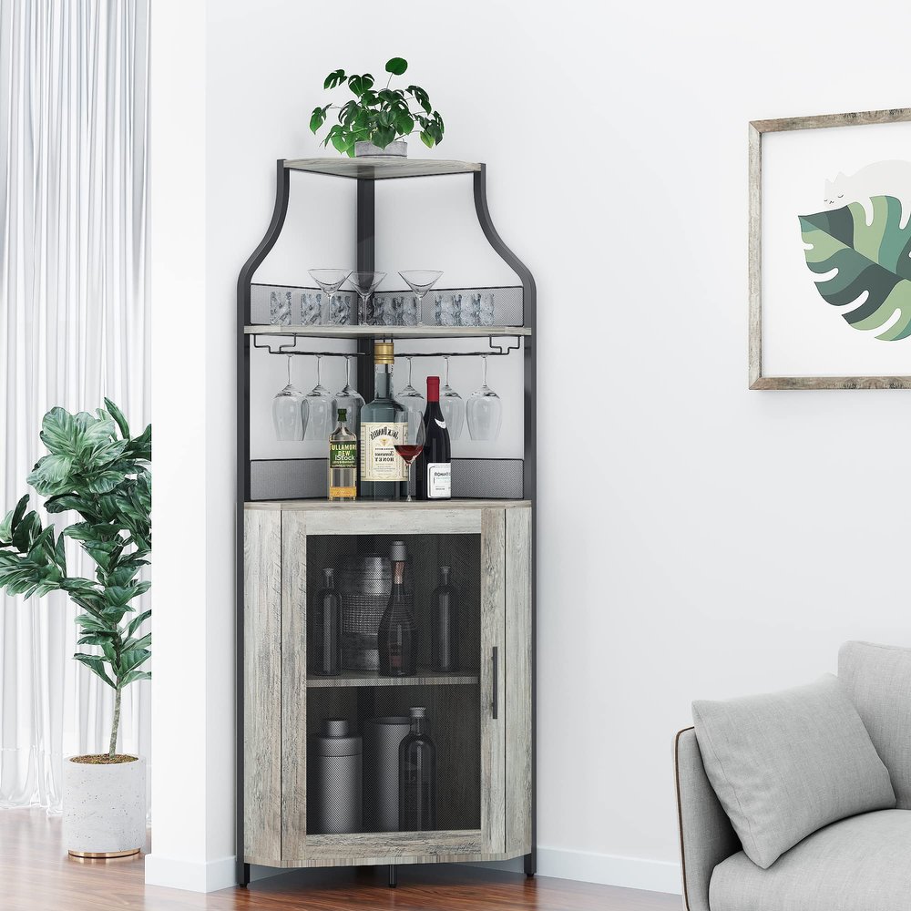 Alkmaar Corner Wine Cabinets, Bar Cabinets with Glass Shelves, Sideboards and Buffet Cabinets with Shelves, with Anti-Tipping Device (Grey)