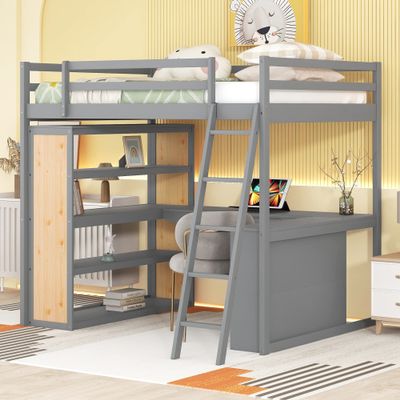 Hlcodca Versatile Full Size Loft Bed with Under-Bed Desk and Storage Shelves,Wooden Loft Bed with Ladders and Guardrails,for Kids Boys Girls Teens Adults Use (Gray@F)
