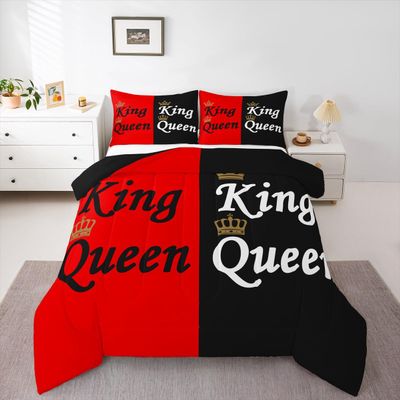 Erosebridal King and Queen Crown Bedding Set Red Black Mr Mrs King Comforter Set for Adults Couple Men Women,Valentine's Day Wedding Gifts,his and Hers Quilt Bedding 2 Pillow Cases Bedroom Decor
