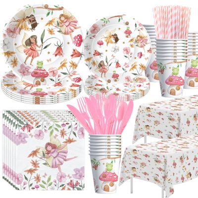 Xigejob Fairy Party Decorations Tableware - Fairy Birthday Party Supplies, Plate, Cup, Napkin, Tablecloth, Cutlery, Flower Fairies Enchanted Forest Garden Birthday & Baby Shower Decorations | Serve 24