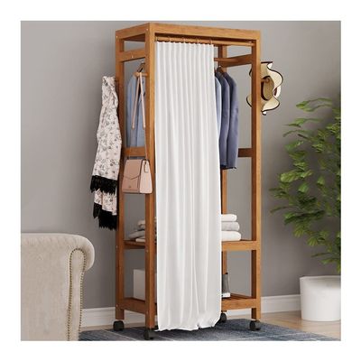 Freestanding Wooden Garment Coat Rack, with 2 Storage Shelves and 4 Hooks, Ideal for Bedroom Clothing Storage (59 * 35 * 165cm)