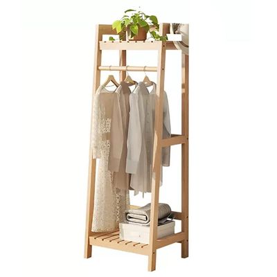 Wooden Garment Rack, Wardrobe Closet Organizer, with Hanging Rod and 2 Side Hooks, Easy to Assemble (Log Color 50 * 40 * 146cm)