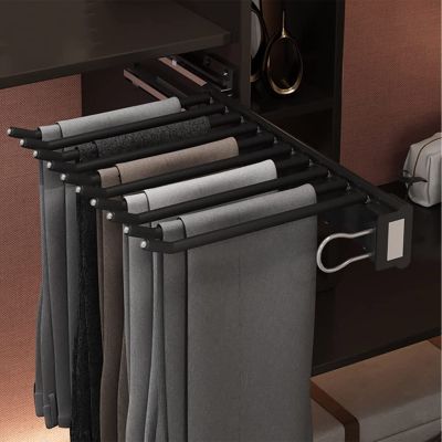 Heavy Duty Retractable Pull Out Pants Rack Adjustable Closet Rod - Retractable Garment Laundry Drying Rack, 9 Scarf Holder Hanger Rail, Pull-out Trouser Hanger Suitable For Wardrobe Depth 47cm ( Color