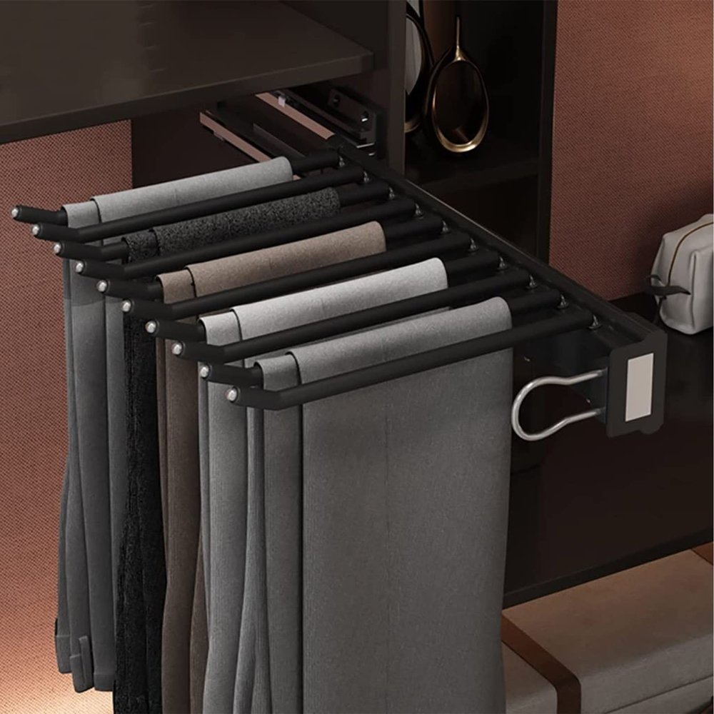 Heavy Duty Retractable Pull Out Pants Rack Adjustable Closet Rod - Retractable Garment Laundry Drying Rack, 9 Scarf Holder Hanger Rail, Pull-out Trouser Hanger Suitable For Wardrobe Depth 47cm ( Color