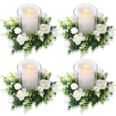 Acmee 4 Pcs White Rose Candle Rings - Artificial Floral Wreaths with Eucalyptus Leaves Greenery Garland for Pillar Candleholders Wedding Centerpiece Party Home Table Decor