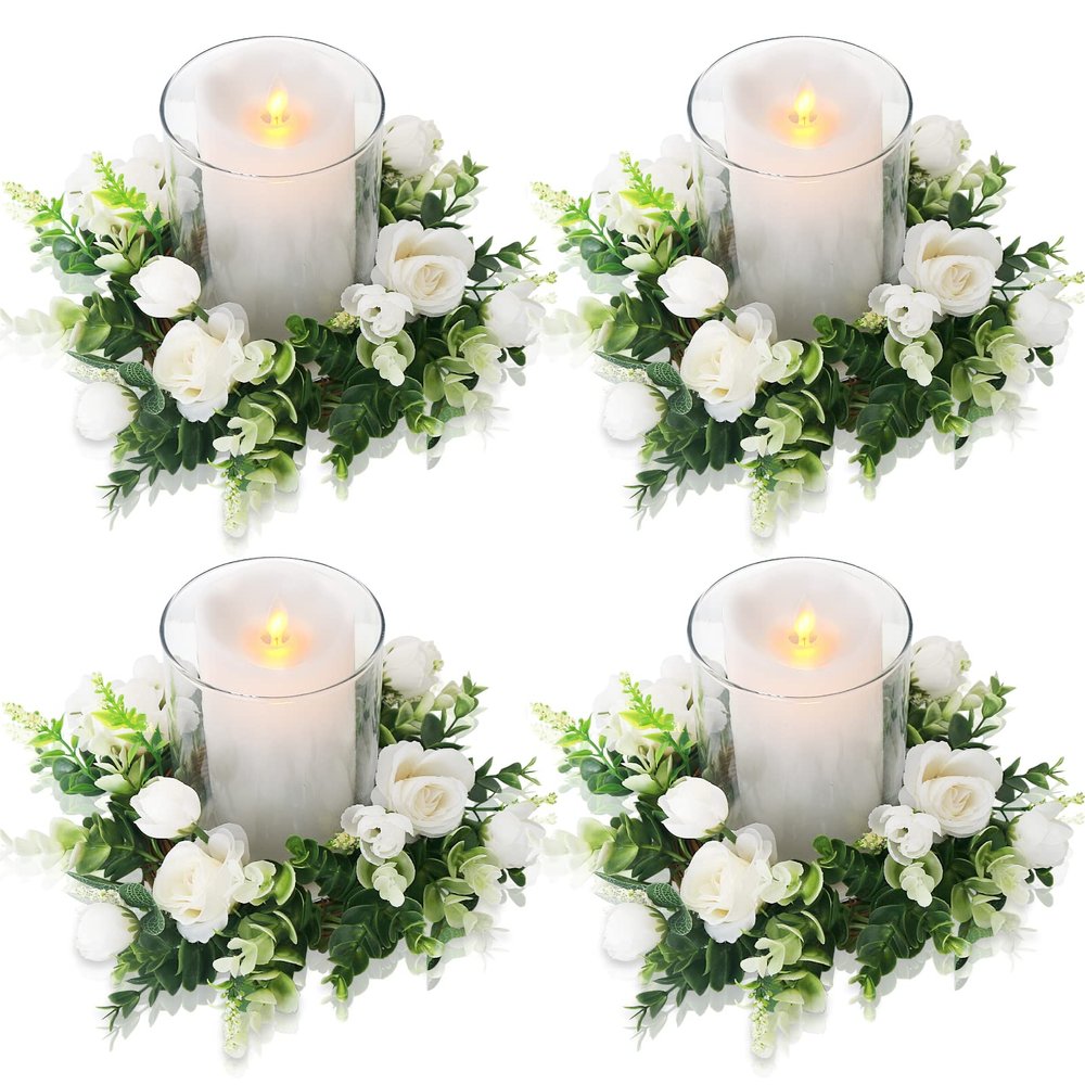Acmee 4 Pcs White Rose Candle Rings - Artificial Floral Wreaths with Eucalyptus Leaves Greenery Garland for Pillar Candleholders Wedding Centerpiece Party Home Table Decor