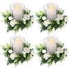 Acmee 4 Pcs White Rose Candle Rings - Artificial Floral Wreaths with Eucalyptus Leaves Greenery Garland for Pillar Candleholders Wedding Centerpiece Party Home Table Decor view 1