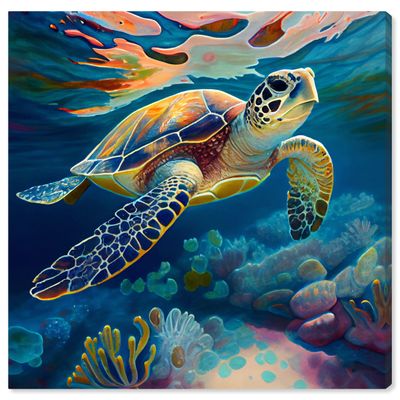 Wynwood Studio Animals Contemporary Canvas Wall Art Sea Turtle I Living Room Bedroom and Bathroom Home Decor 30 in x 30 in Blue and Brown